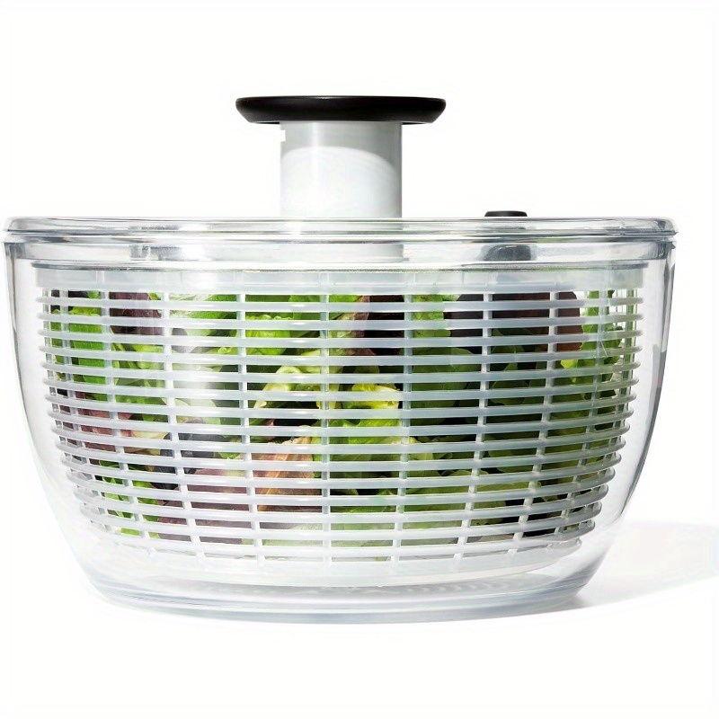 high   fast spin salad spinner fruit washer lettice washer with one handed lever system heavy duty plastic construction non slip base   space saving   for home kitchen dishwasher safe easy to clean durable stable for   vegetables fruits herbs lettuce   kale ideal for small kitchens with ergonomic handle   drying salad washer spinner large salad spinner with lid with push button Product details 0