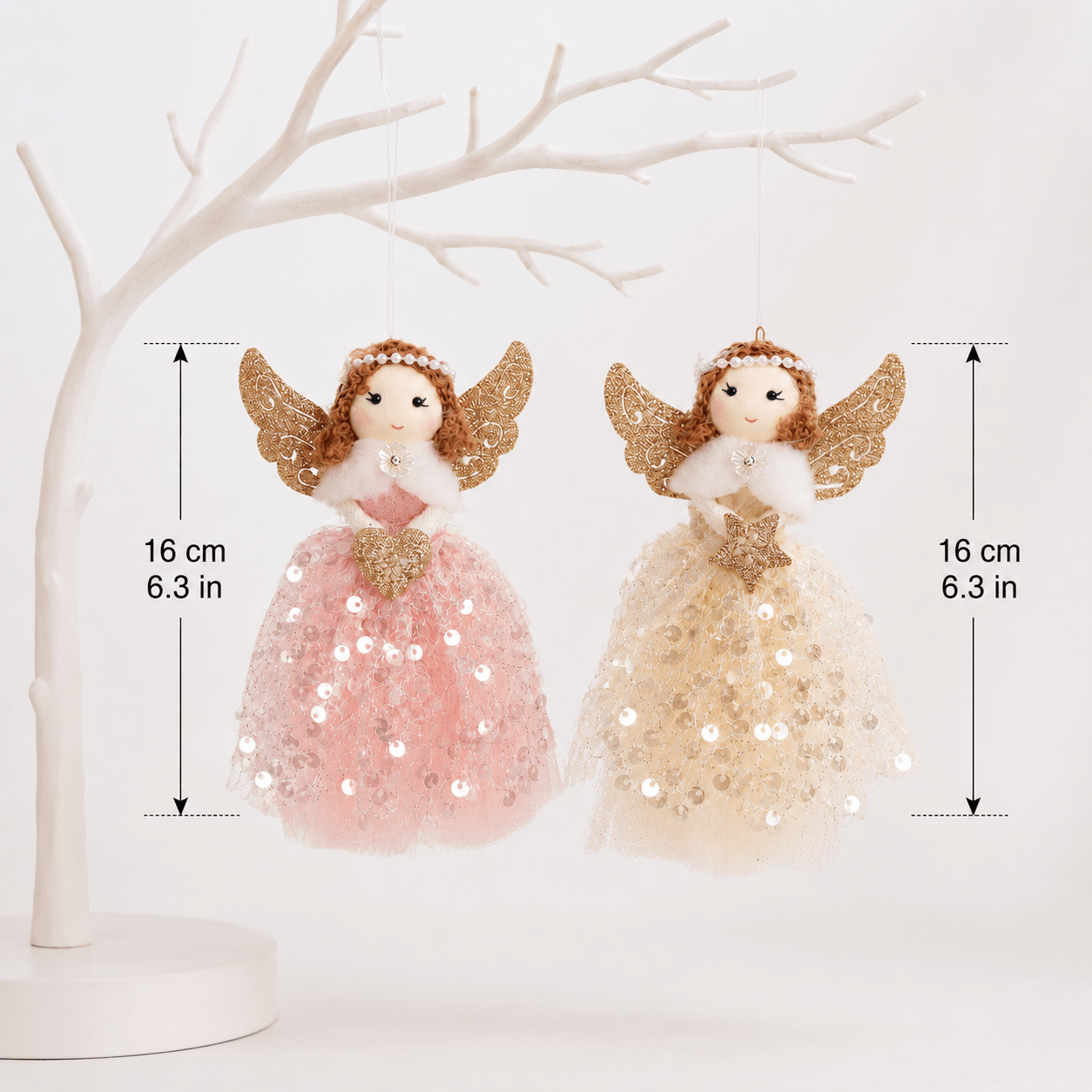 TEMU 2 stuks Glitter Engelen Hangornamenten – Handgemaakte Kerstfeeënpoppen met Gouden Vleugels, Elegante Engelenhangers met Paillettenjurk,