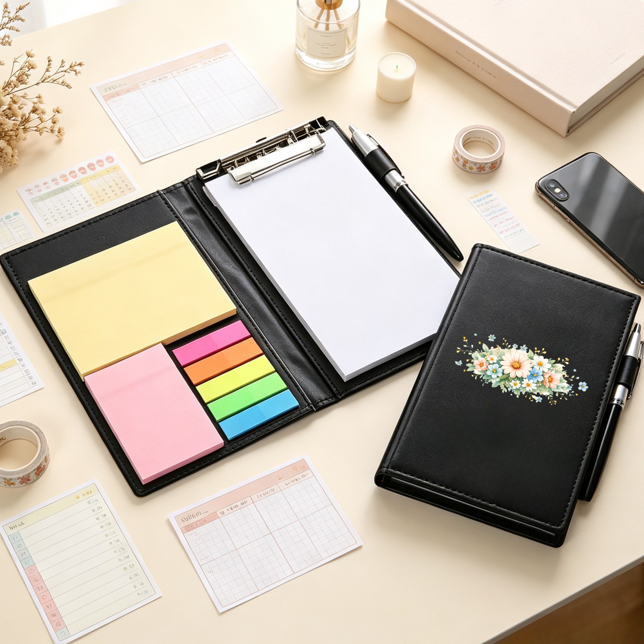 TEMU 1 Tear-off Notebook With Daisy Appliqué And Pen Holder Slot—pu Leather With Replaceable Refill And Adhesive Page Binder, Tear-off Binding Design