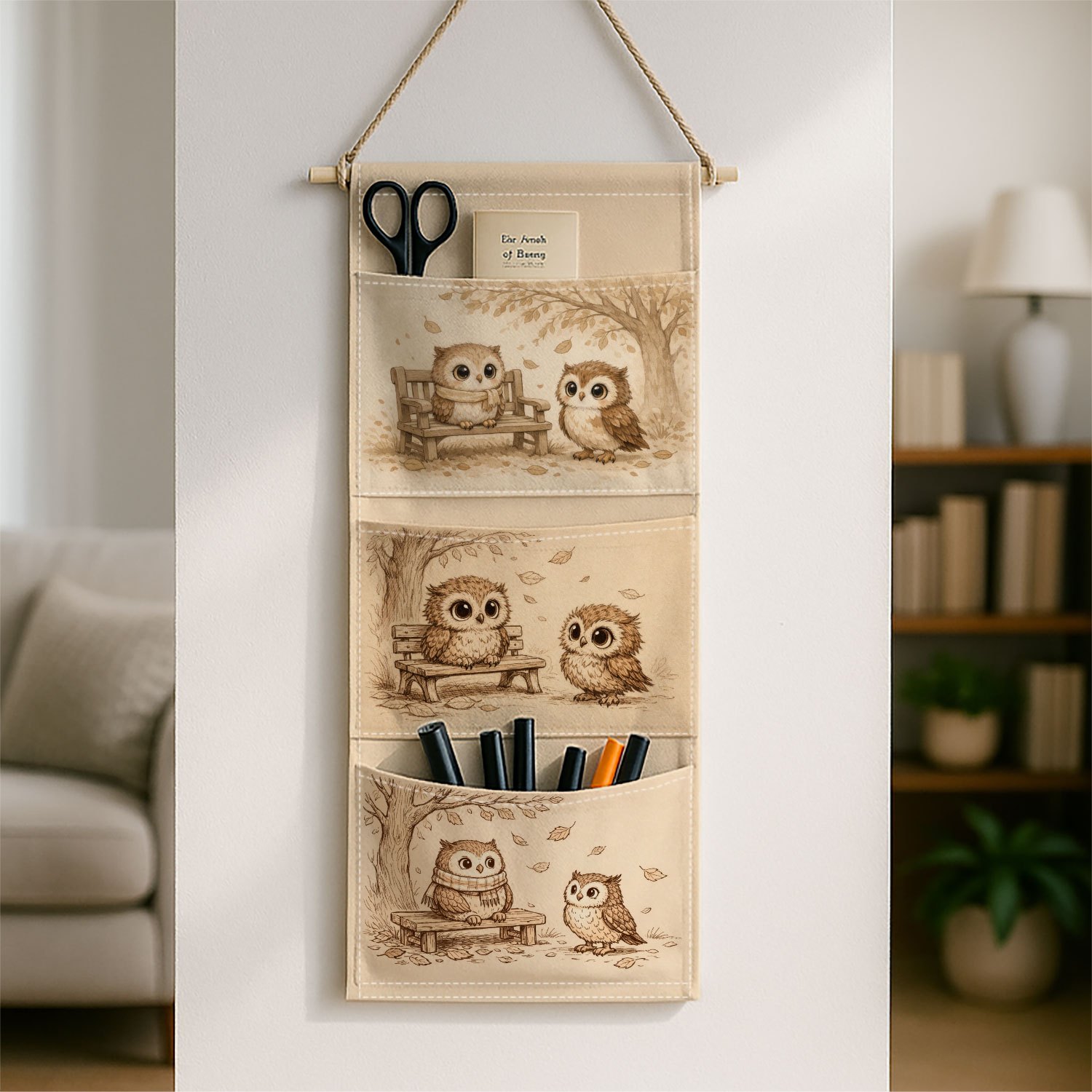 TEMU 1pc Rustic Modern Wall Hanging Storage With Owl Botanical Print - Sturdy Freestanding Suitable For Wardrobe, Bathroom, | Multiple Pockets For