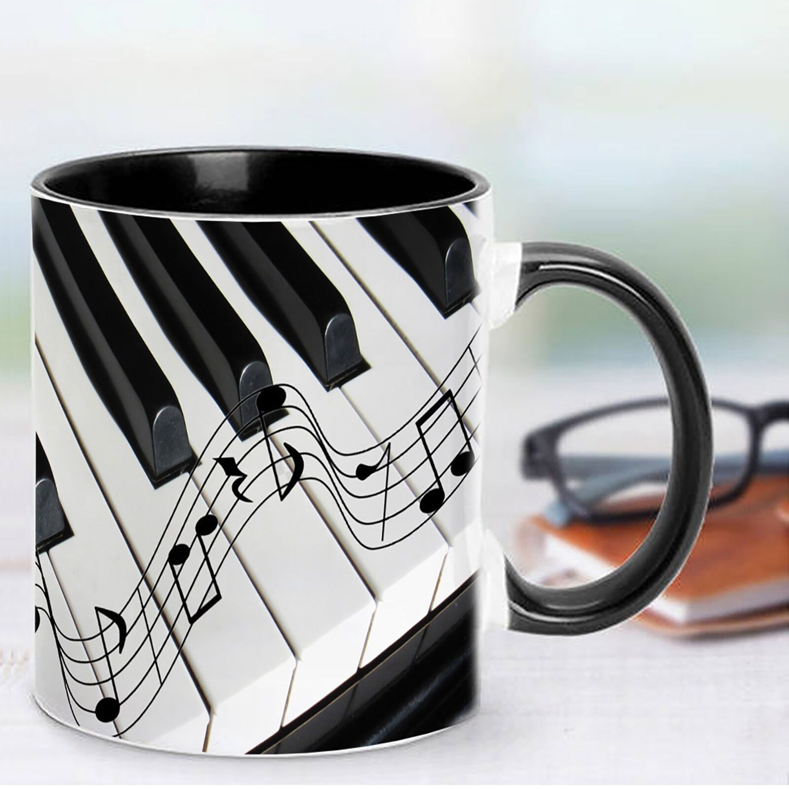 TEMU 1pc 11oz Ceramic Piano & Music Themed Coffee Mug – Black With White Keyboard & Musical Notes Design, Hand Wash Only, Microwave & Dishwasher Safe – Perfect , ,
