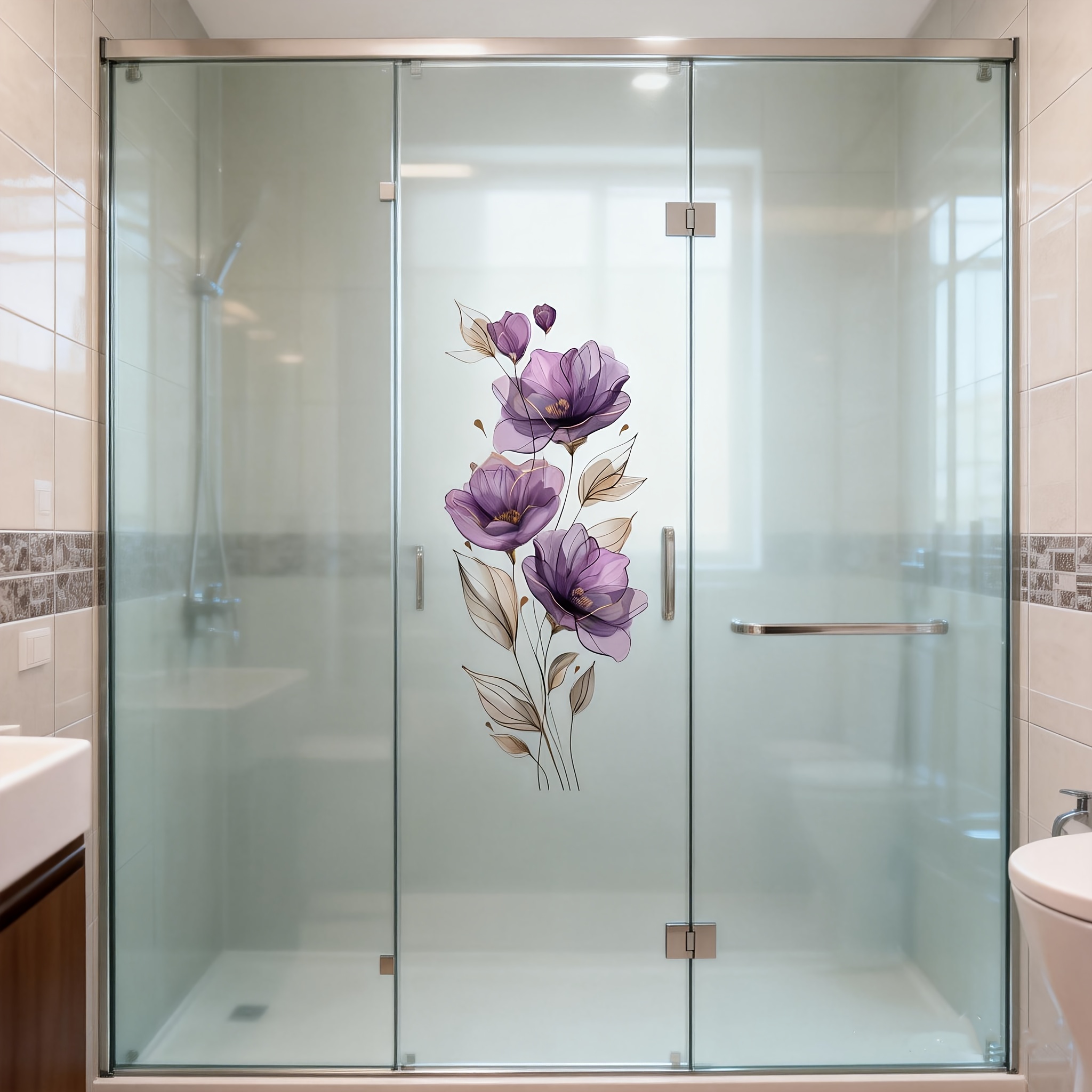 TEMU 1pc 29 X 69cm Purple Floral Bathroom Glass Door Sticker, Glass Static Sticker, Shower Room Decorative Sticker, Bathroom Elegant Atmosphere