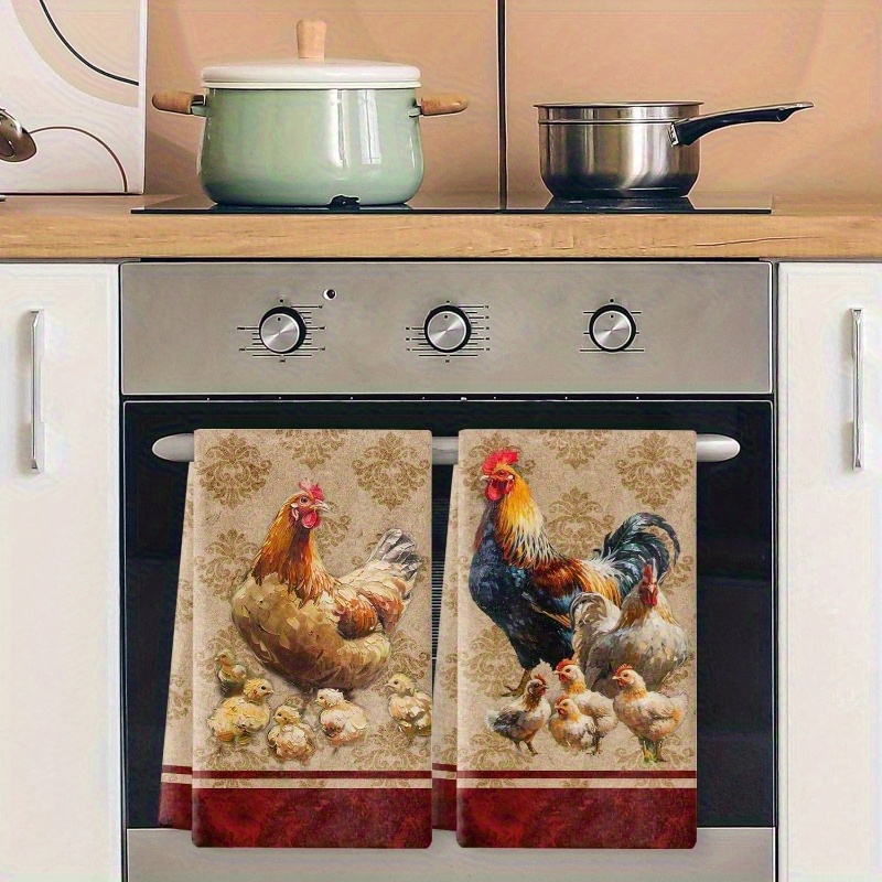 2pcs Towels- Absorbent& Machine Washable, Decorative Dish Towels With Rooster& Chickens Design, Perfect For Holiday Decor, Festive , And , Modern Theme, Polyester Mate