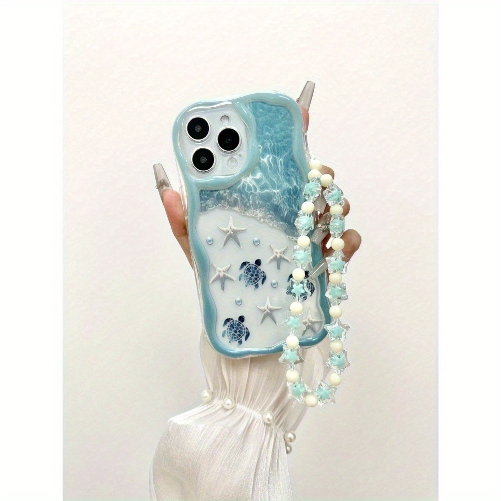 Beach Starfish And Sea Turtle Pattern Wave Gradient Painting Shockproof Phone Case with Handmade Beaded Bracelet, Compatible with Iphone 16, 15, 14, 13, 12 And 11 Pro Models, Made of TPU Protective Material. Ideal Choice for Family, Friends, Young People, Birthdays, Festivals, Boyfriends, Girlfriends And Valentine'S Day Gifts