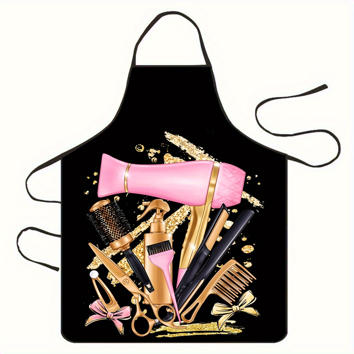 E-shop Stylisches Friseurschürzen - Haarwerkzeug-Print (Schere/ Kamm/ Haartrockner/ Glätteisen), Goldenes und Schwarzes Haardesign, Strapazierfähiges