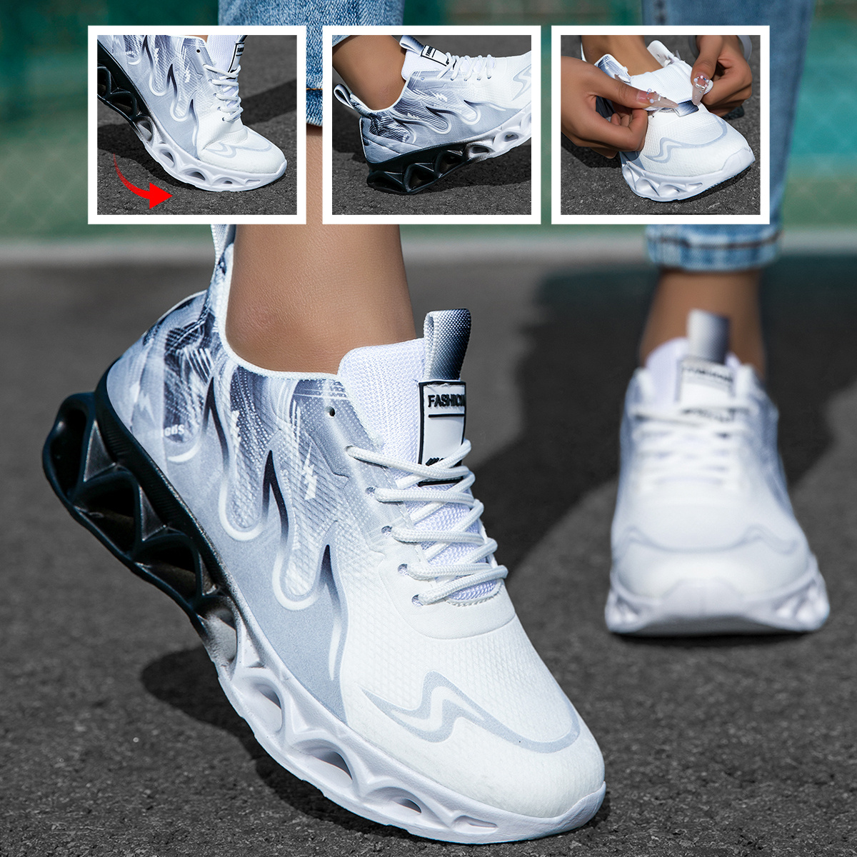 Image of Women's Gradient Breathable Running Footwear, Adjustable White Flat Braided Laces, Stable Hollow Wave Cushion Thick Sole, Training Sneakers For After-work , Summer Outdoor