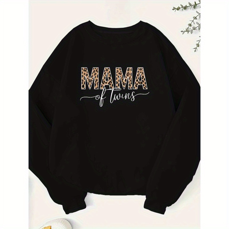 

Polyester Sweatshirt For Women - Casual Crew Neck Knit Fabric Top With 'mama Of Twins' Design - Geometric Pattern Long Sleeve Pullover For Fall/winter