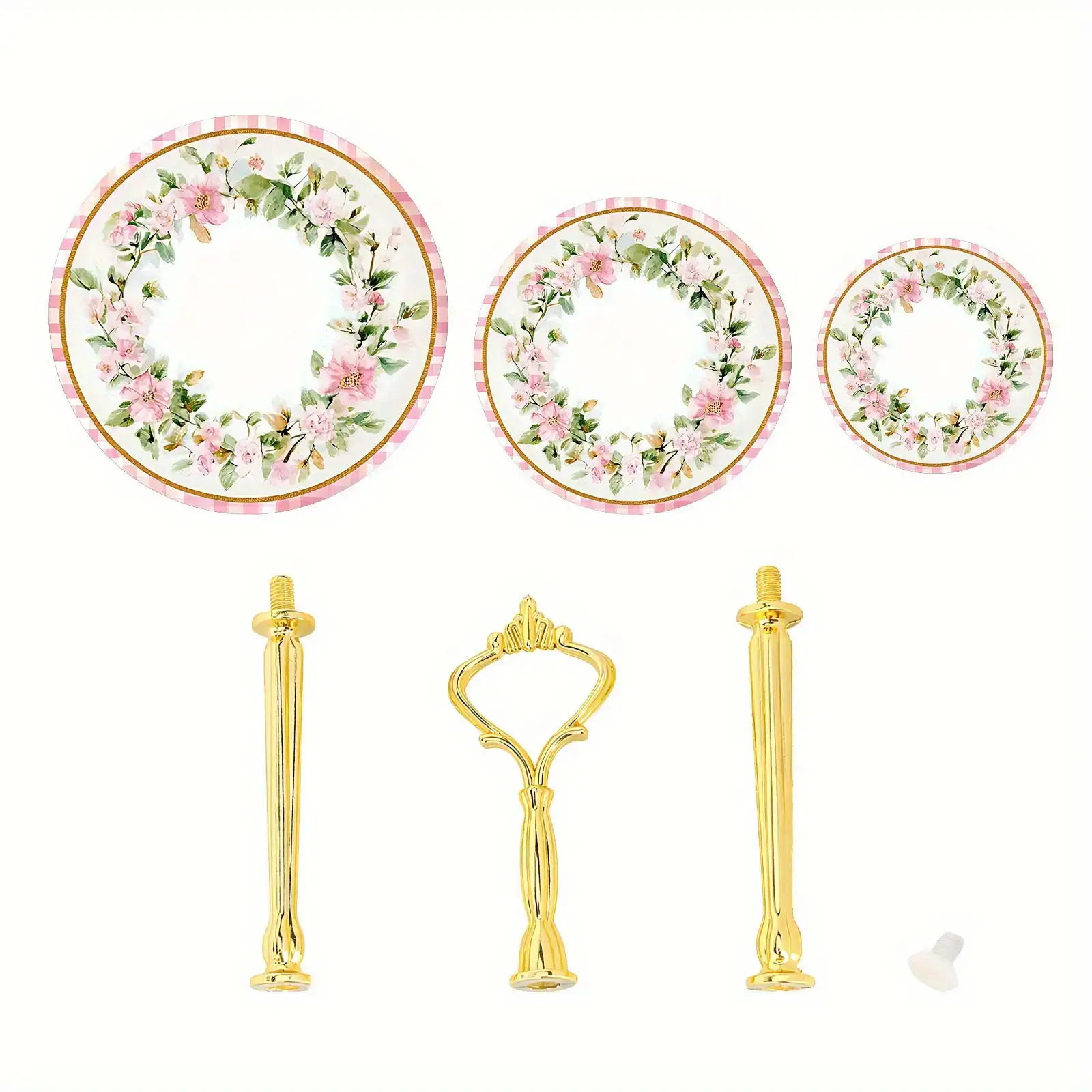 TEMU 1-set Of 3-layer Elegant Floral Themed Wooden Display Trays For - Rustic Multifunctional Storage Rack With Golden Handles, Perfect For Weddings,