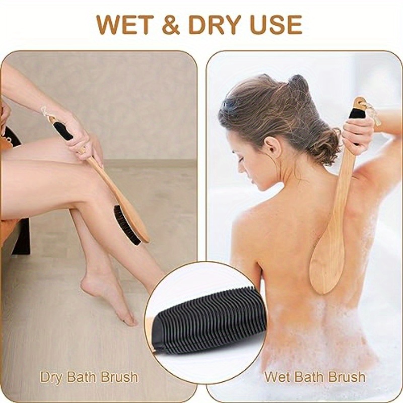   bath brush wooden curved long handle   shower brush for exfoliating natural mane scrubber for back use wet or dry back scrub deep cleanse17 2inches Product details 4