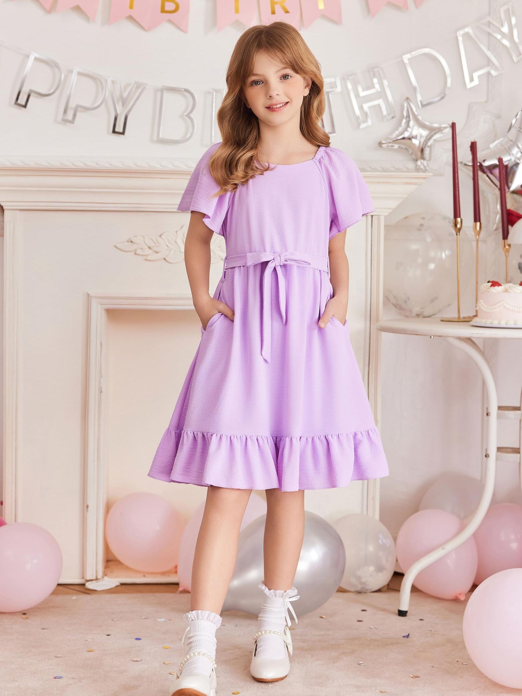 girls summer square neck ruffle hem belted dress pockets Temu