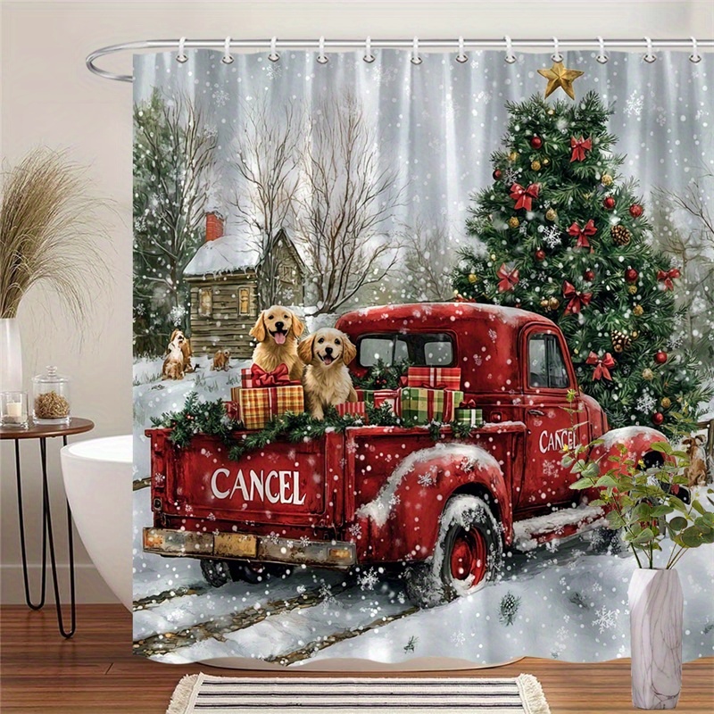 TEMU 1 Rideau de Douche Vintage Rouge - Décoration de Noël avec Deux Golden Retrievers Joyeux, Maison Enneigée et Cadeaux Emballés, Tissu Polyester