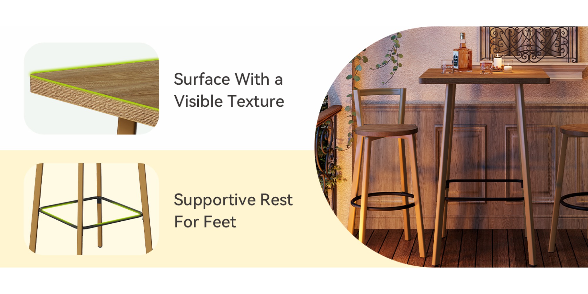 2-Seater Bar Table And Chair Set, 39.4' Height Square Bistro Pub Table with 2 Chairs & Footrest, Compact Cocktail Bar Height Table Set for Small Space, Dining Area, Cafe, Kitchen, Living Room, Apartment & Balcony