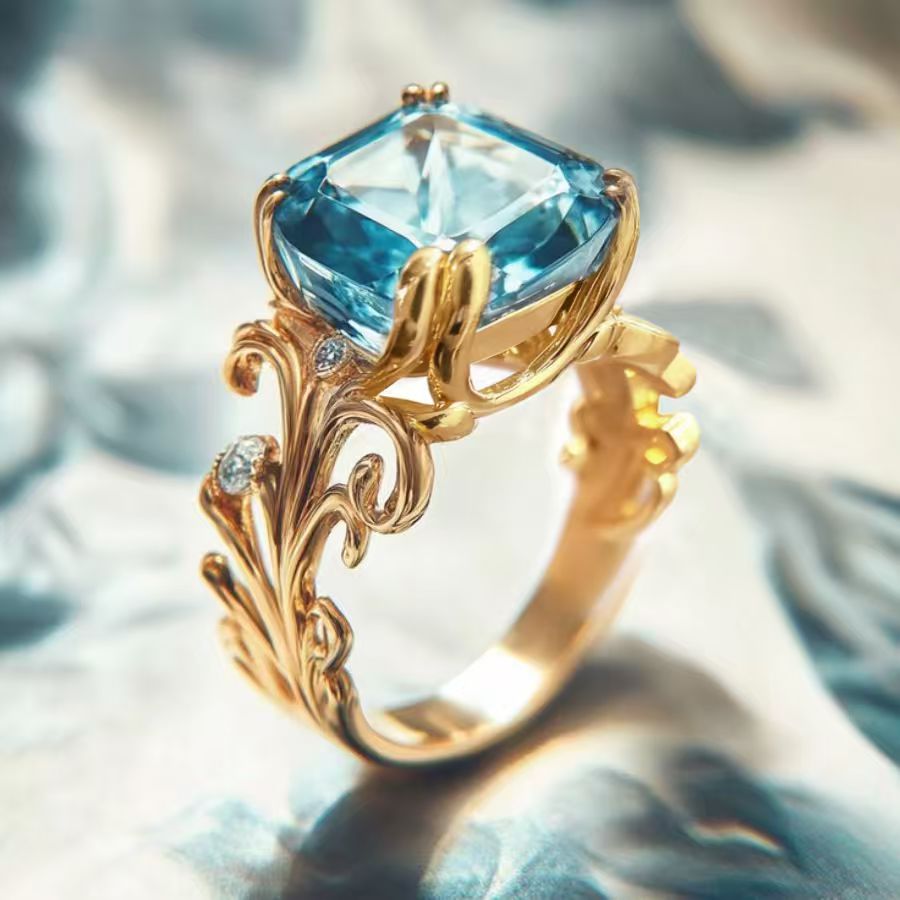 Women's Retro Vine Engagement Ring with Square Sea Blue Stone