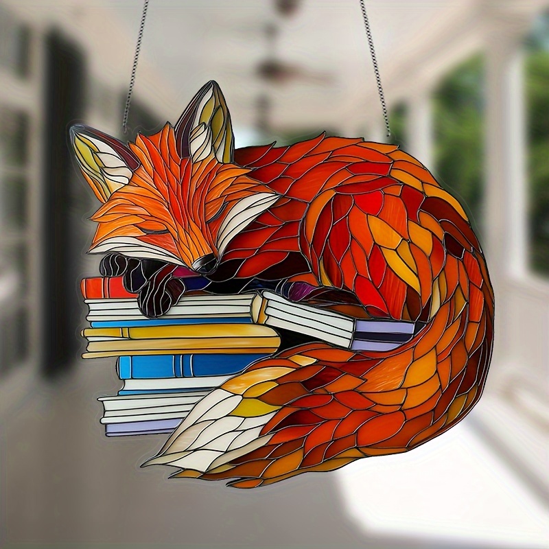 

1pc Acrylic Fox With Books Hanging Ornament - Stained Animal Window Accessory For Home, Office, Library - Housewarming Gift For - No Power Needed - Featherless