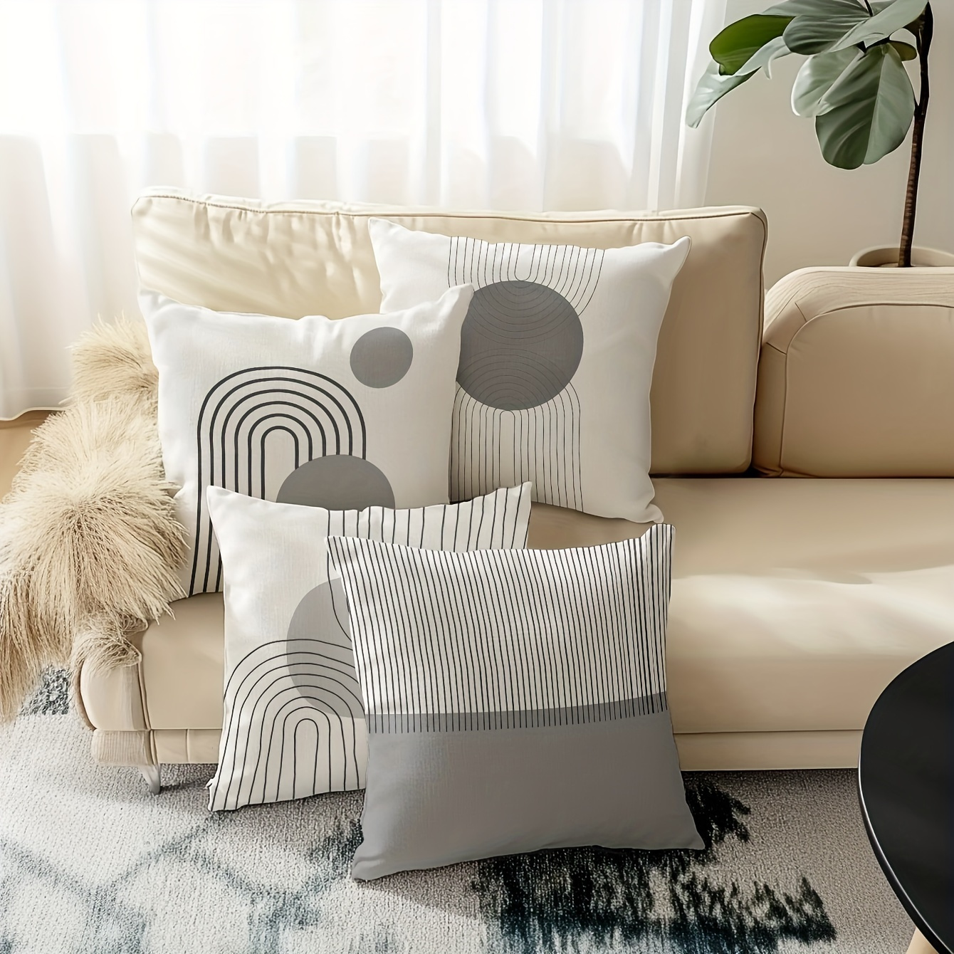 E-shop 4-teiliges modernes geometrisches Kissenbezug-Set, 4 Stück, weicher, bequemer, glatter Polyester-Kurzplüschstoff, einseitig bedrucktes Muster,
