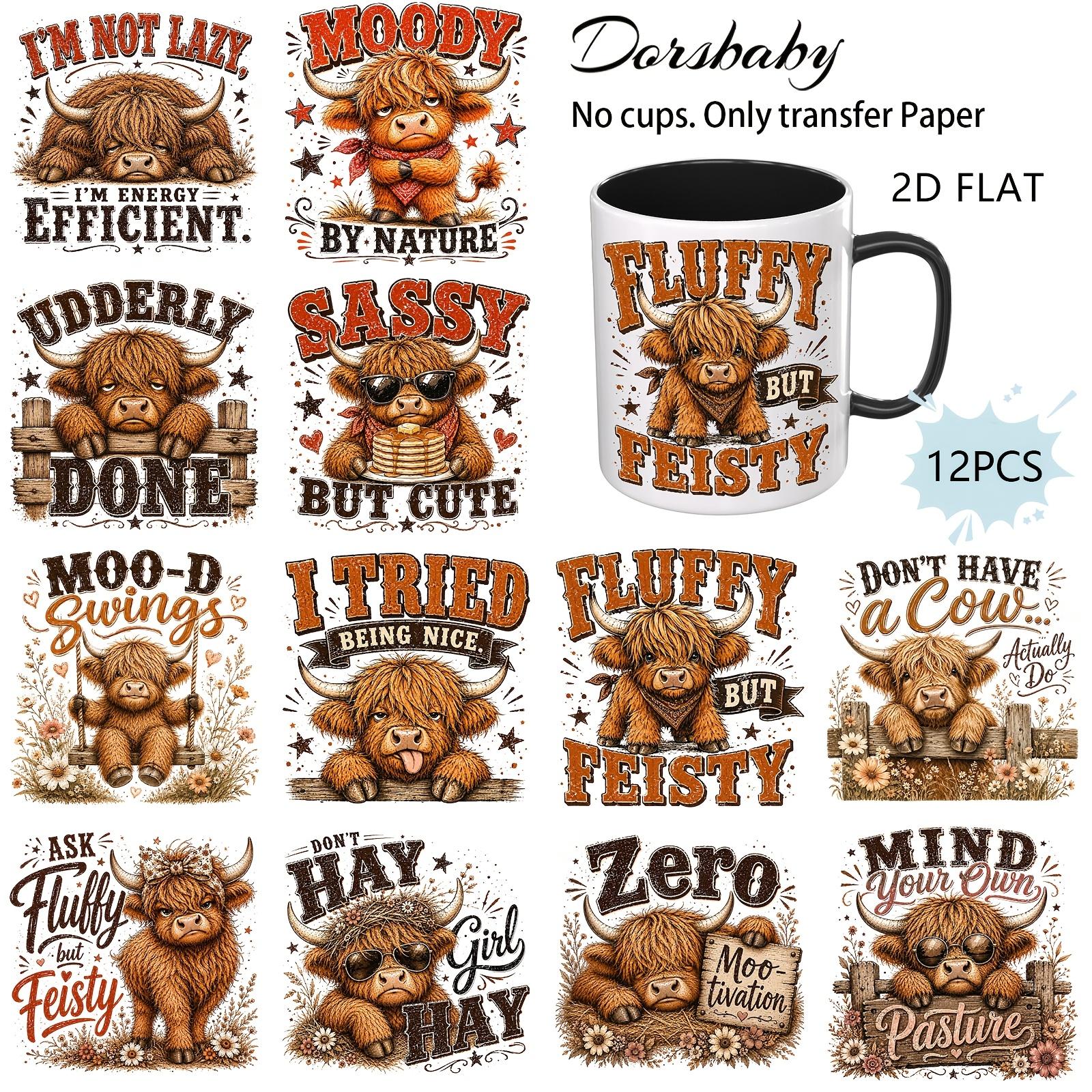 TEMU 12 Sheets/set Fun Highland Cow Uv Dtf Transfer Stickers, Suitable For Cup And Mug Making, Uv Dtf Stickers For Glassware, Aesthetic Stickers For