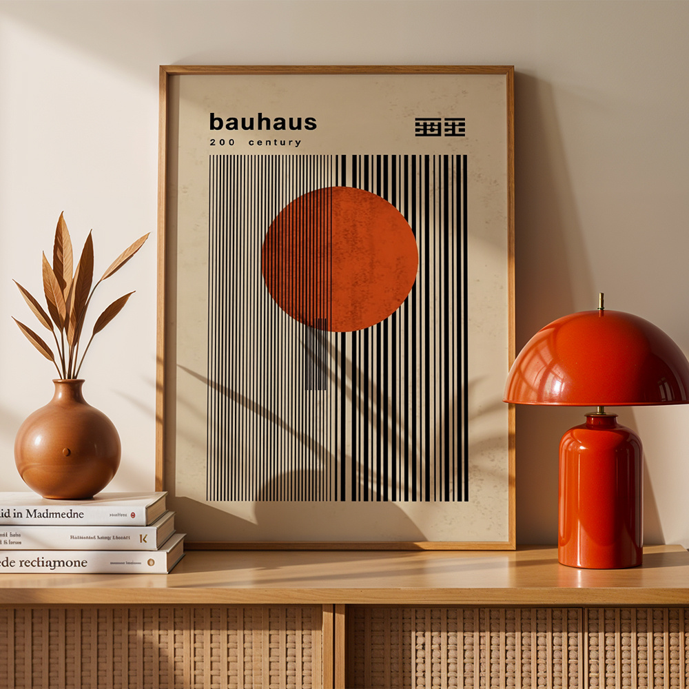 TEMU Plat 2D, Style Bauhaus Géométrique - Impression sur Toile Moderne avec Cercle Orange et Ligne Horizontale, Convient pour la Décoration du Salon,