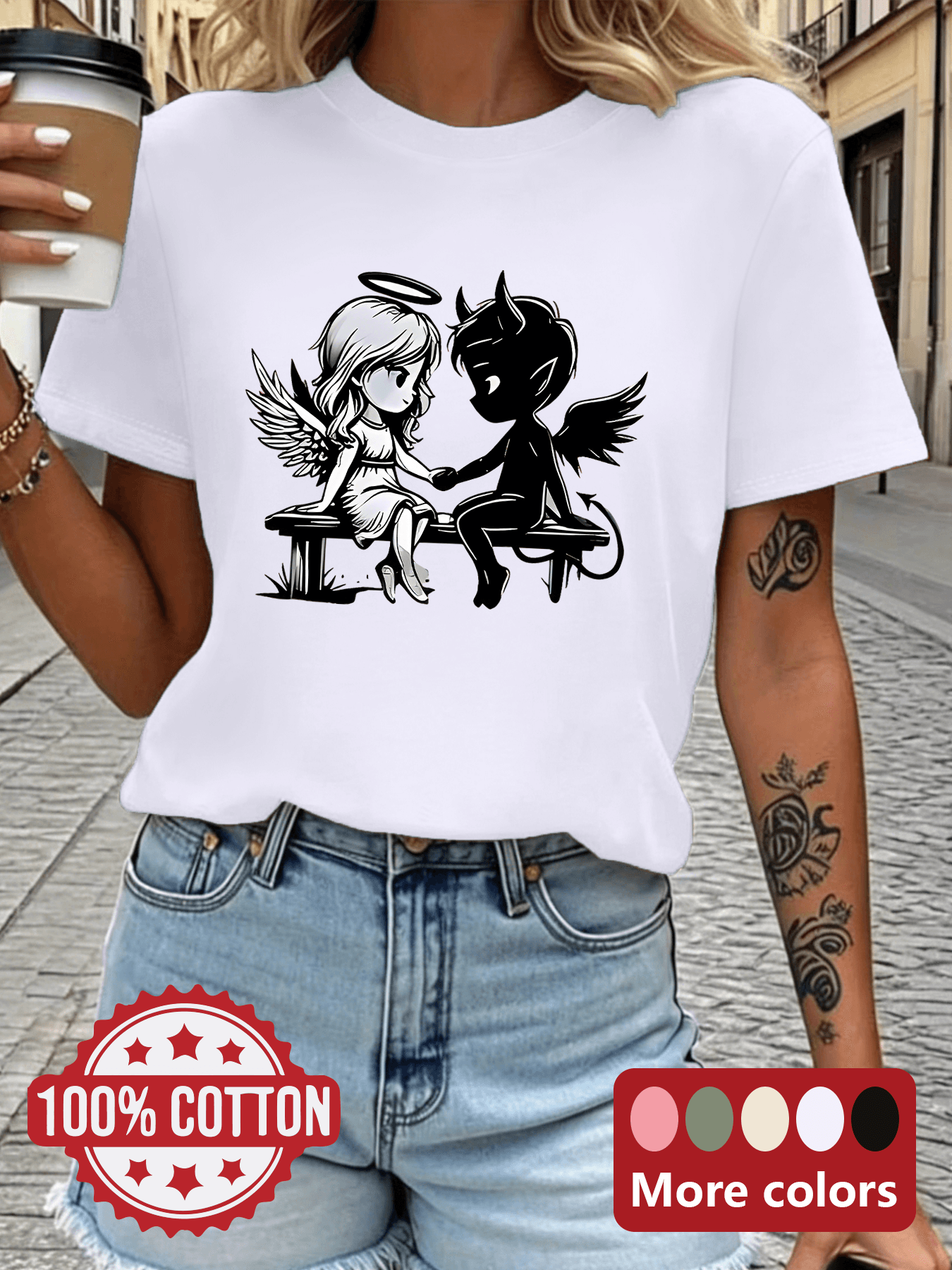 modisches, lässiges, reines kurzarm-t-shirt für damen mit engel-  -aufdruck in  , süßer cooler widersprüchlicher stil, vielseitiges oberteil im nischen-design