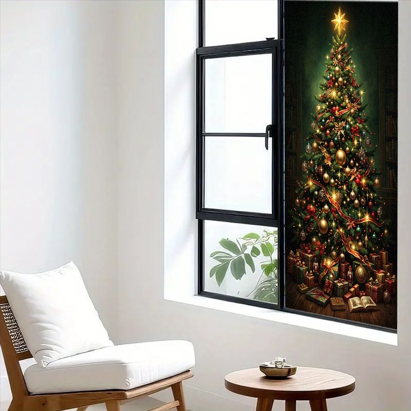 TEMU 2d Flat, 1pc Of 2d Flat Glass Window Film, Window Decal, In Multiple Sizes. Christmas-themed With An Ornate Christmas Tree And A Warm Scene Of