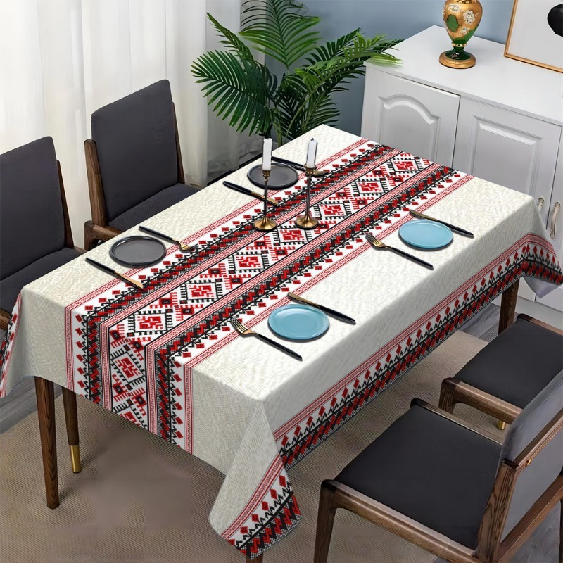TEMU 1pc Ethnic Style Geometric Pattern 2d Flat Printed Tablecloth, Featuring A Cream- With Red And Black Geometric Diamond Stripes, Blending