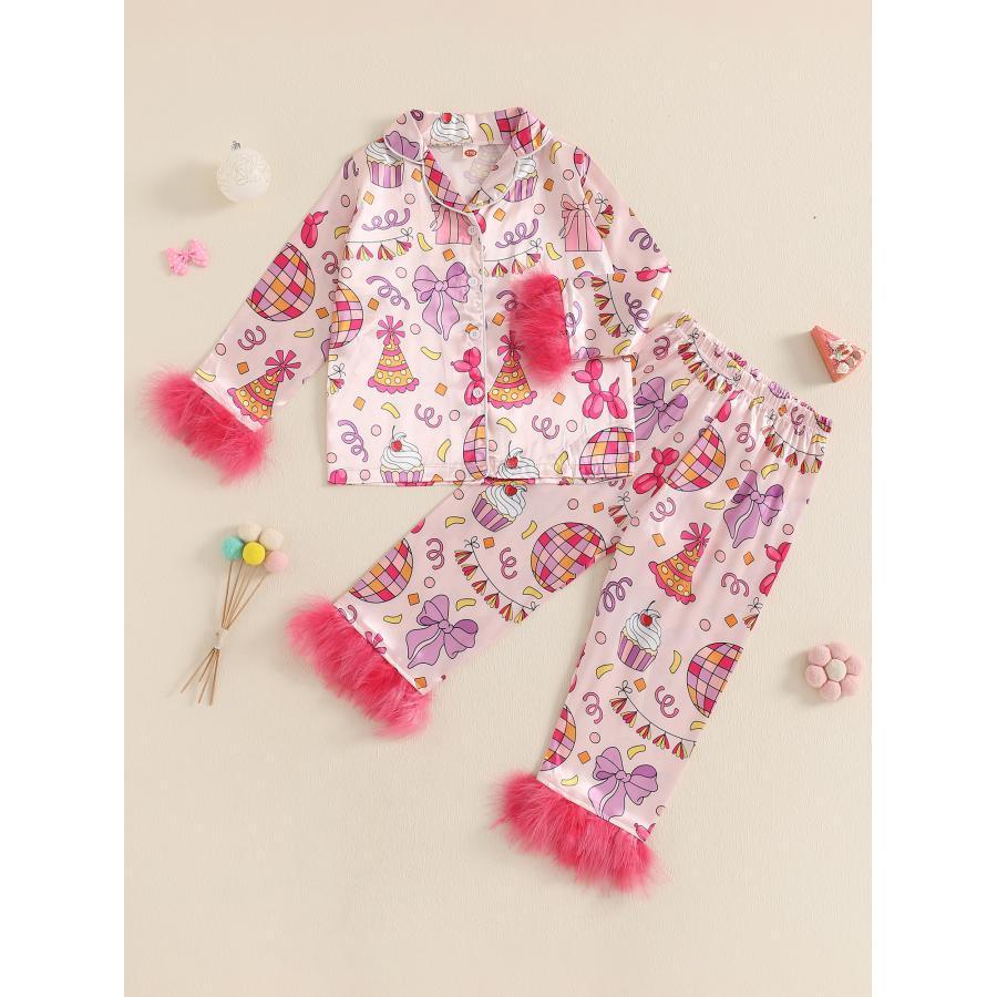 

Toddler Girl 2pcs Birthday Pajamas Fur Trim Long Sleeve Bow Print Shirt + Pants Set Kid Sleepwear