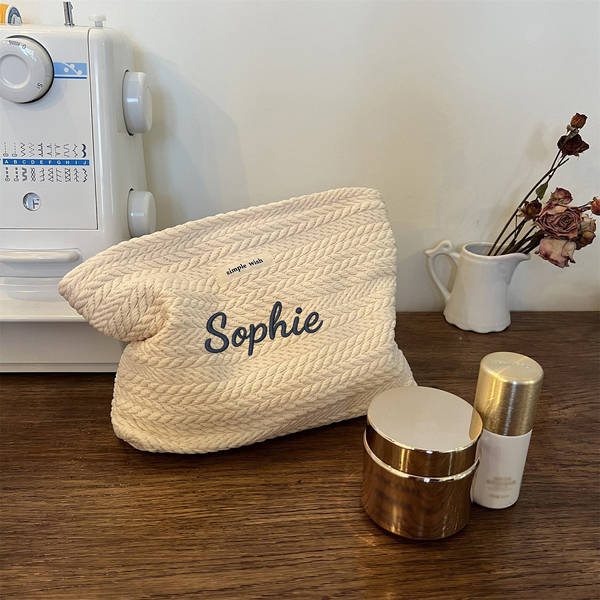 TEMU 1pc Personalized Wheat Woven Handbag For Women - Name/initials (add In Comment Box), Large Capacity Zippered Cosmetic & Toiletry Organizer,