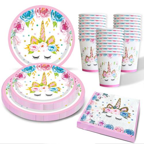64pcs unicorn party tableware set birthday supplies paper plates napkins paper cups for 16 guests