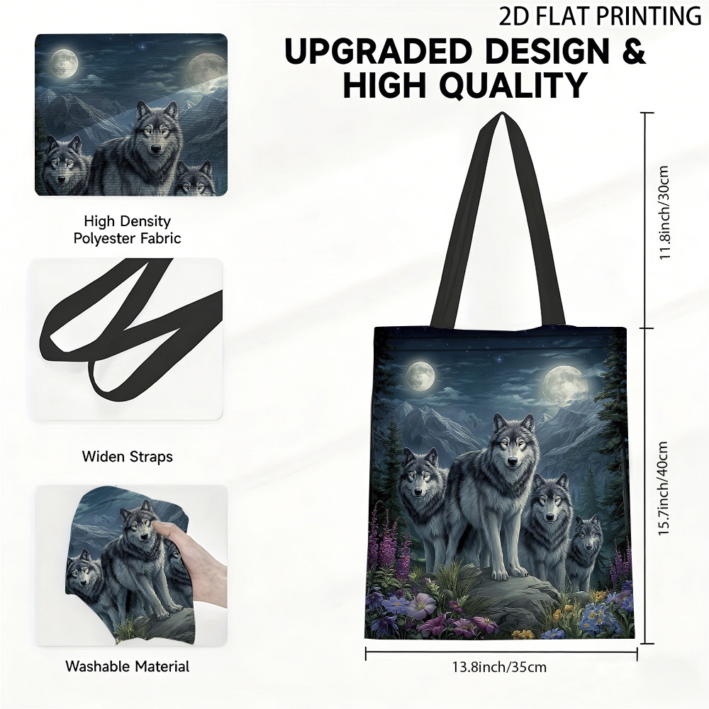 TEMU 1pc Large Square Wolf Tote Bag Suitable For Daily , Campus & Shopping - Wolf Print Hot Transfer Design, Bag With Wolf & Forest Print For,