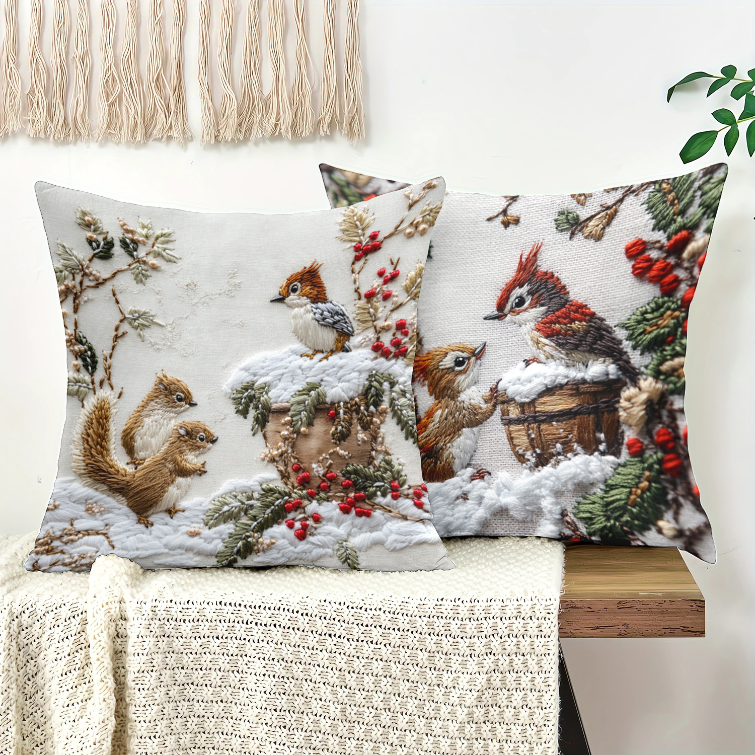 

2pcs Vintage Christmas Throw Pillow Covers 18x18in - Woodpecker & Squirrel Design, Zip Closure, Machine Washable - Living Room, Bedroom Decor (pillow Not Included),