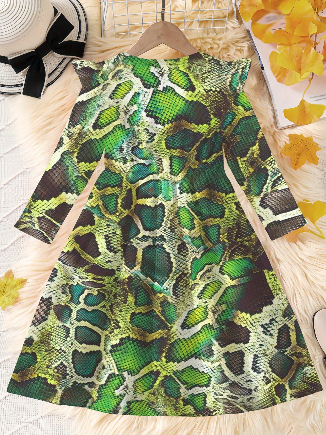 girls stylish snake print long sleeve dress green black Temu
