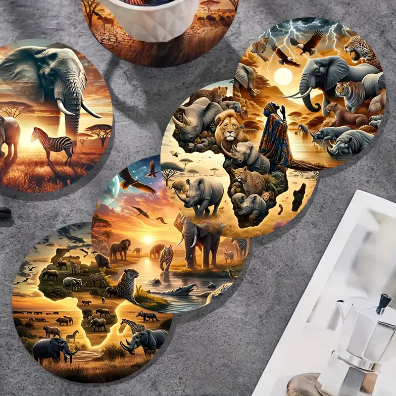 TEMU 8 posavasos de madera planos 2D con estampado de sabana africana, posavasos decorativos resistentes al para café y té, ideales para el hogar,