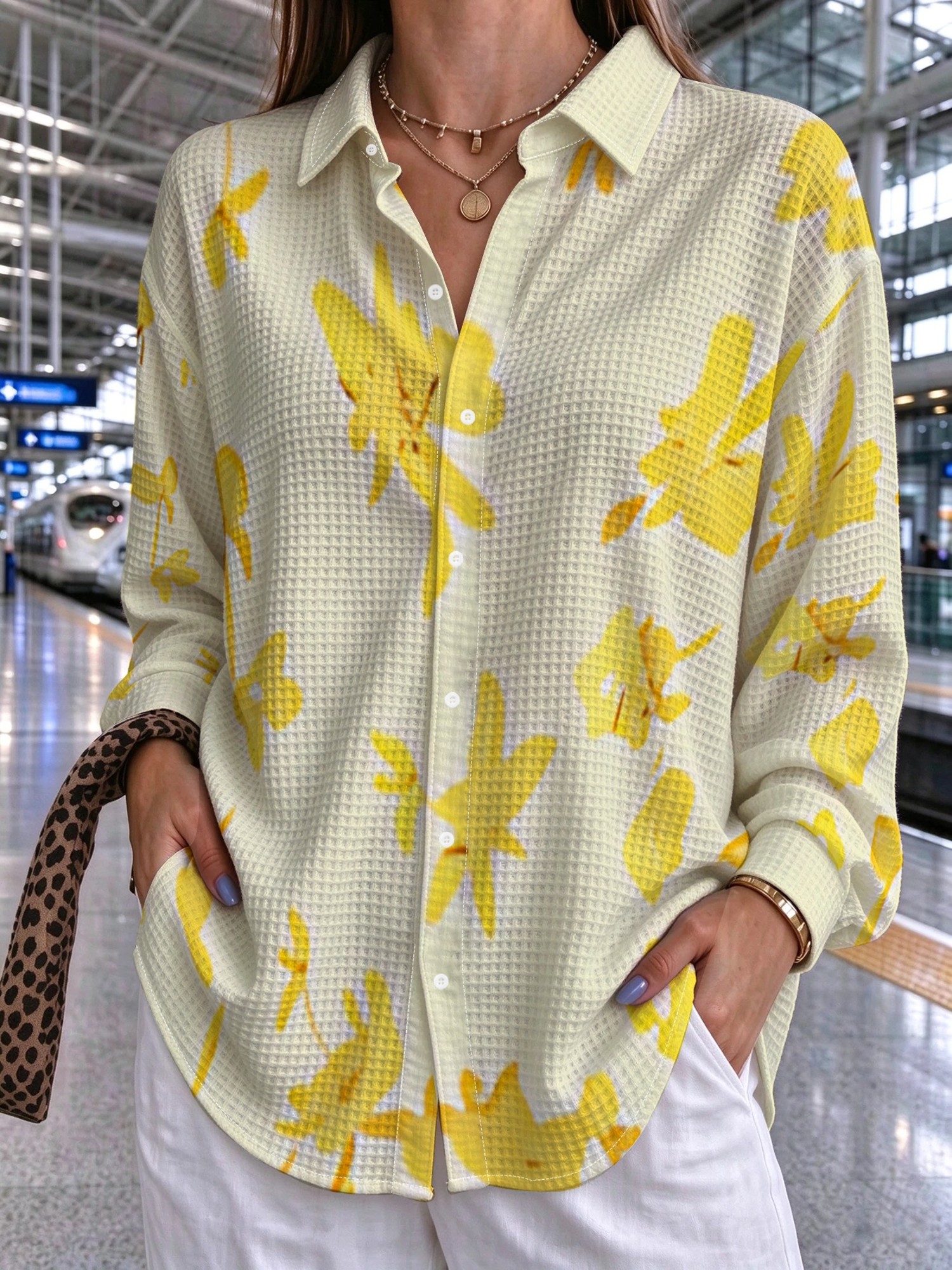 item picture plus size printed design not textured womens plus size shirt light warm yellow with small yellow flowers scattered     leisure outing comfortable top