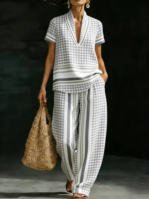 plus size plus size2026 new womens 2pcs set featuring a v neck top and stretchy wide leg pants boasting a stylish printed design this set is perfect for vacations athleisure and casual attire offering fashion
