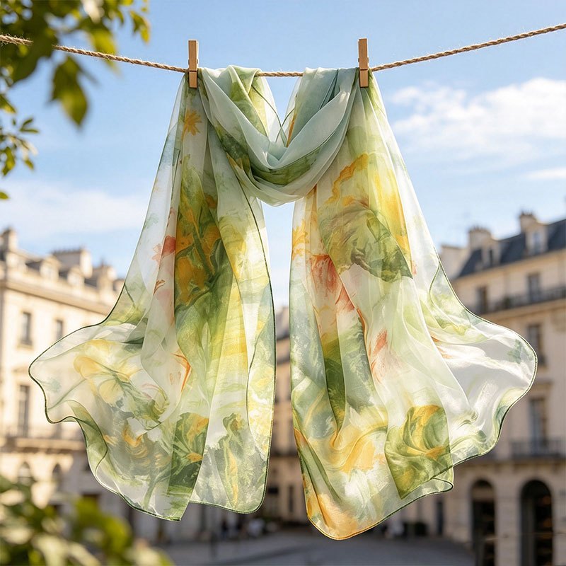 TEMU 1pc, 100% Silk Shawl, Light Green Mint Style (greenish Water Lily Flowers), 160 X 50cm, Breathable, Lightweight, Comfortable, Versatile,