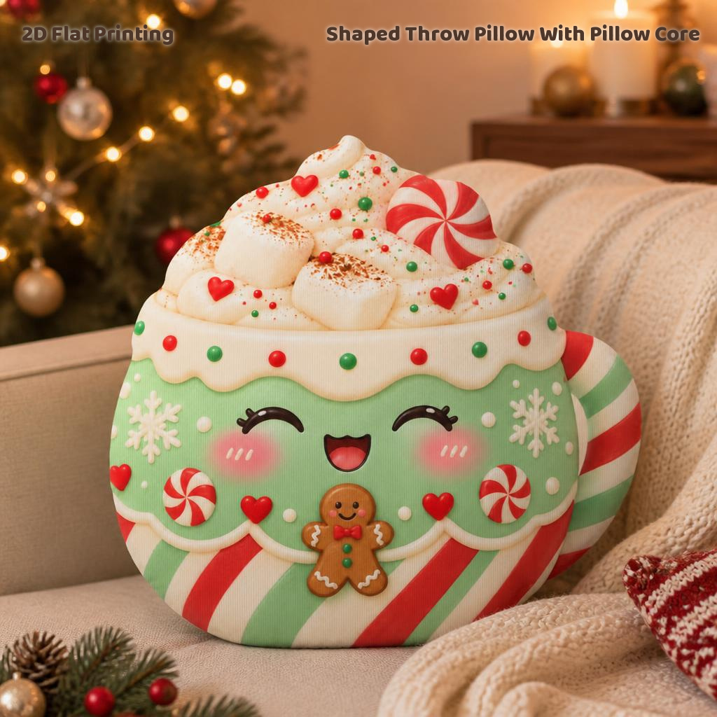TEMU Christmas Gift Coffee Lover Shaped Stuffed Throw Pillow Decorative Cushion Pillow Mint Mug Candy Cane Kawaii Winter Sofa Decor, 2d Flat Printing
