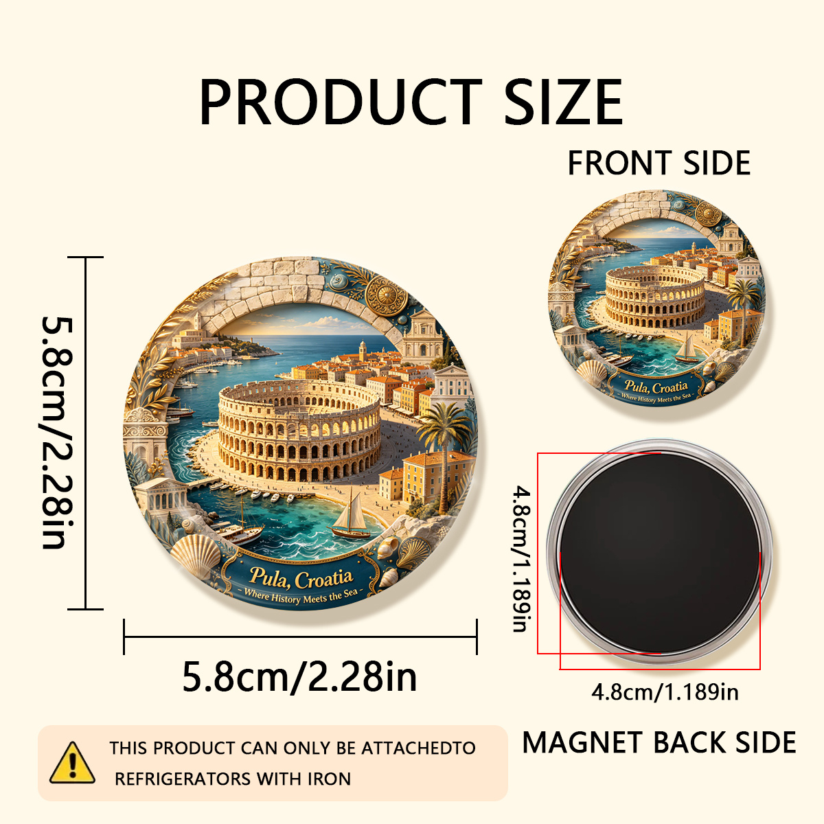 TEMU 1pc 2d Flat Pula, Croatia Where History The Sea Durable Round Fridge Magnet, Suitable For To Refrigerators, Whiteboards, Handicrafts, Photos,