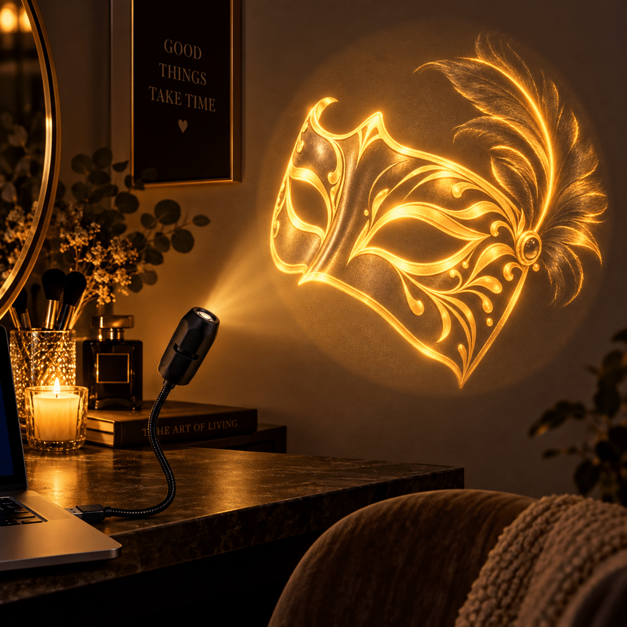 TEMU 1pc Pair Of Black And Golden Masquerade Masks With Feather Projection Lamp With 1 Pattern Slide, Usb-powered Flexible Gooseneck Adjustable Wall