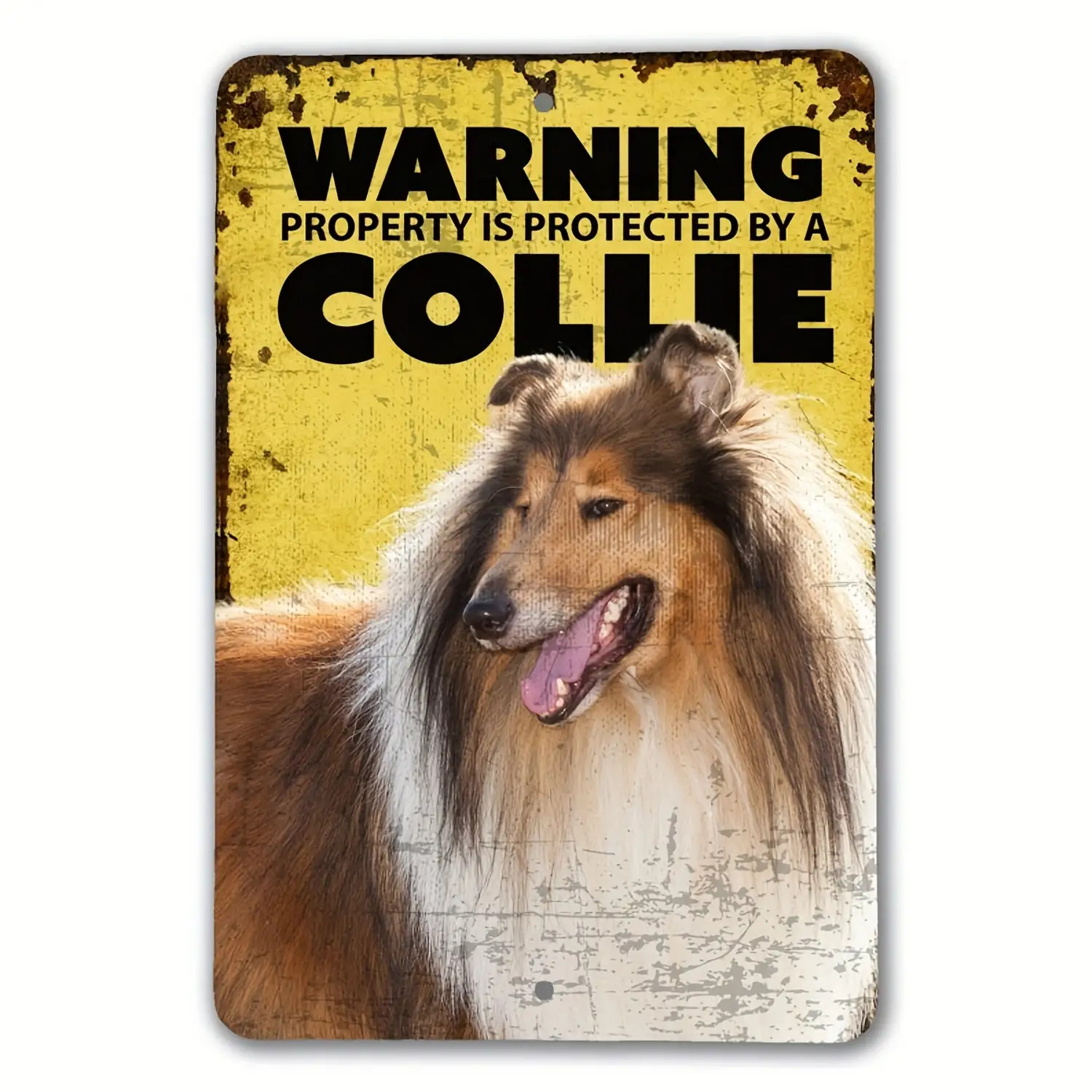 TEMU 2d Flat, 1pc Funny Collie Warning Metal Sign â "warning Property Is Protected By A Collie" Rustic Wall Decor, 20.32x30.48cm, Iron Material,