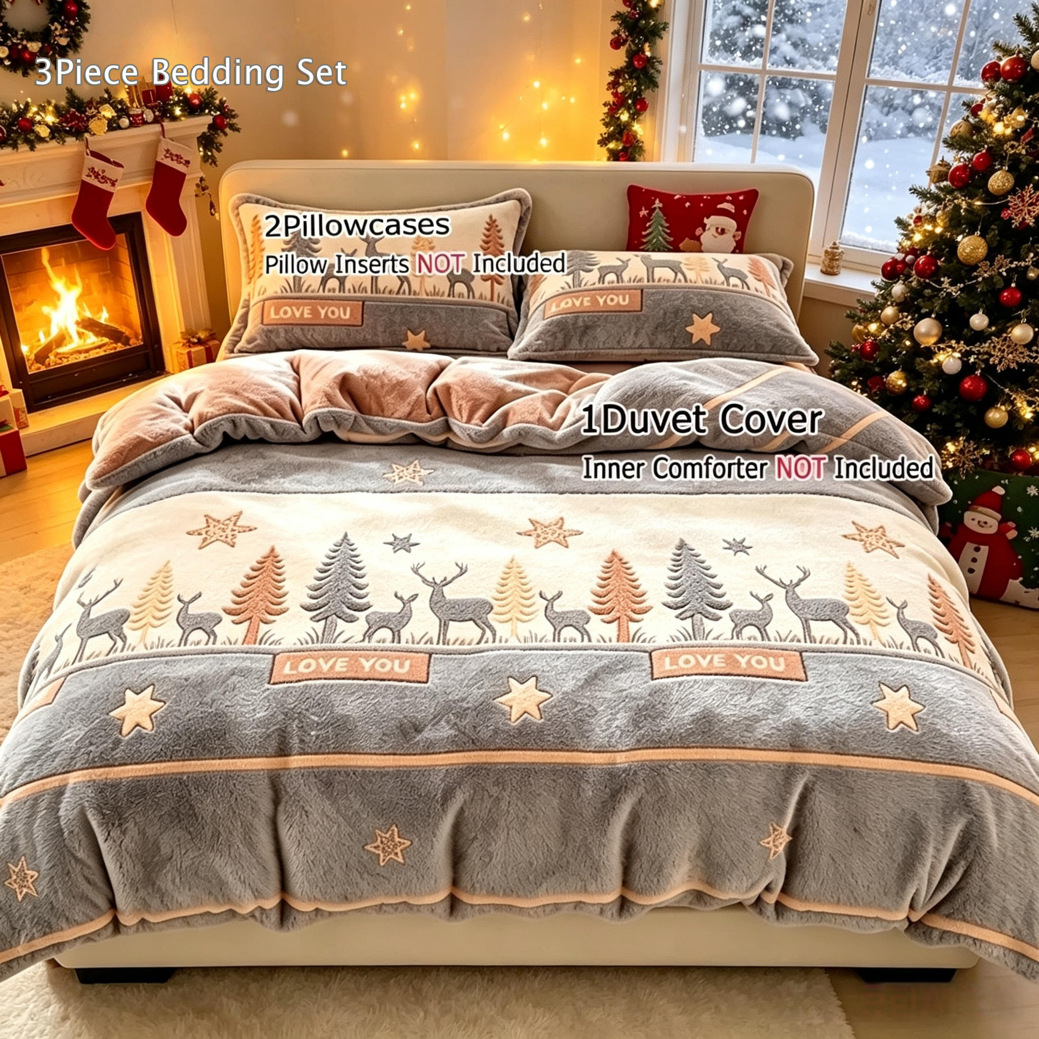 TEMU Parure de Housse de Couette en Peluche 3/2 Pièces - Inclut des Taies d'Oreiller, Douce et Chaude pour Automne/Hiver, Literie Confortable pour