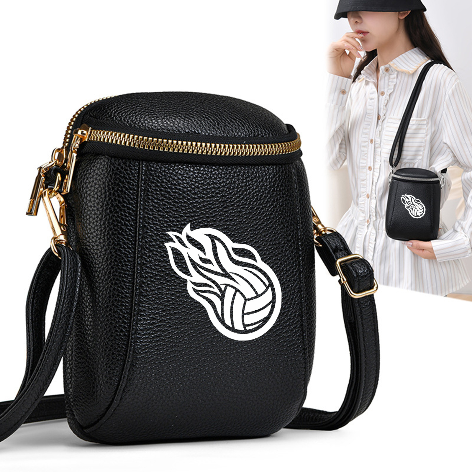 item picture flame pattern volleyball mini crossbody bag elegant style shoulder bag durable pu material double layer compartment storage with adjustable strap casual   vacation all match holiday gift