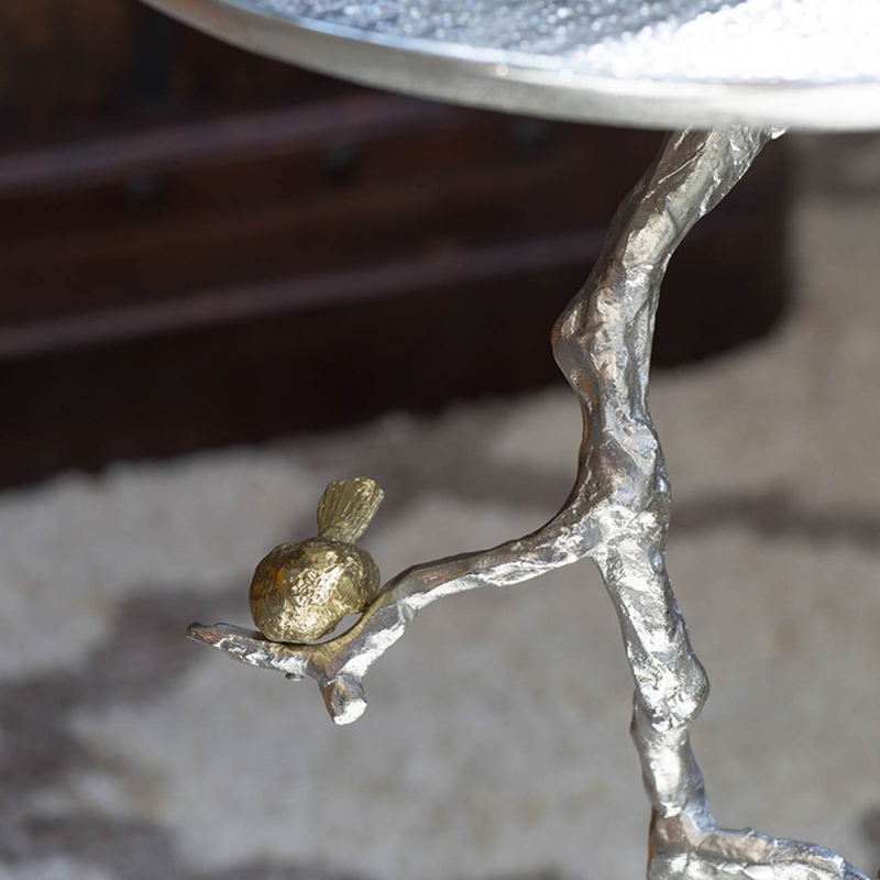 16.9x16.9x28' Round Aluminum Side Table with Sier Branch Design and Golden Bird Accents