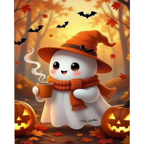 a diamond painting featuring a cute ghost holding a warm drink with pumpkins and for halloween