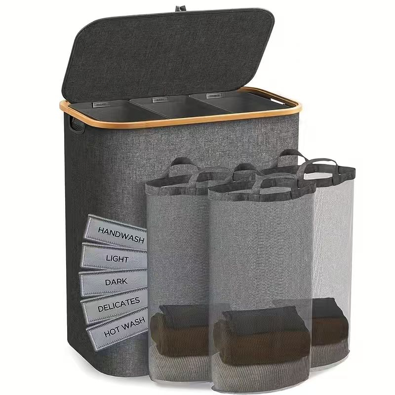 TEMU Laundry Hamper 160l, 3 Removable Inner Bags, 5 Classification Labels, Black/beige, Suitable For Small Apartments, Student Dormitory Storage,
