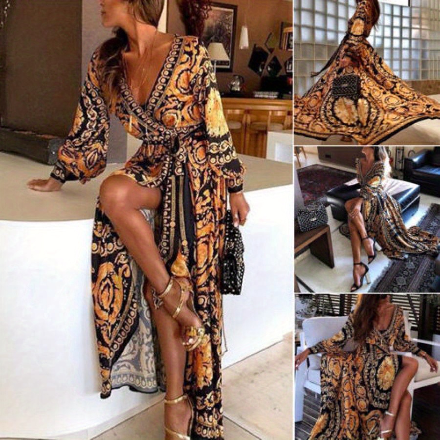 

Women , Long Sleeve Deep V-neck Outfit, High Split Waist Design Long Summer Dress For Beach, Vacation