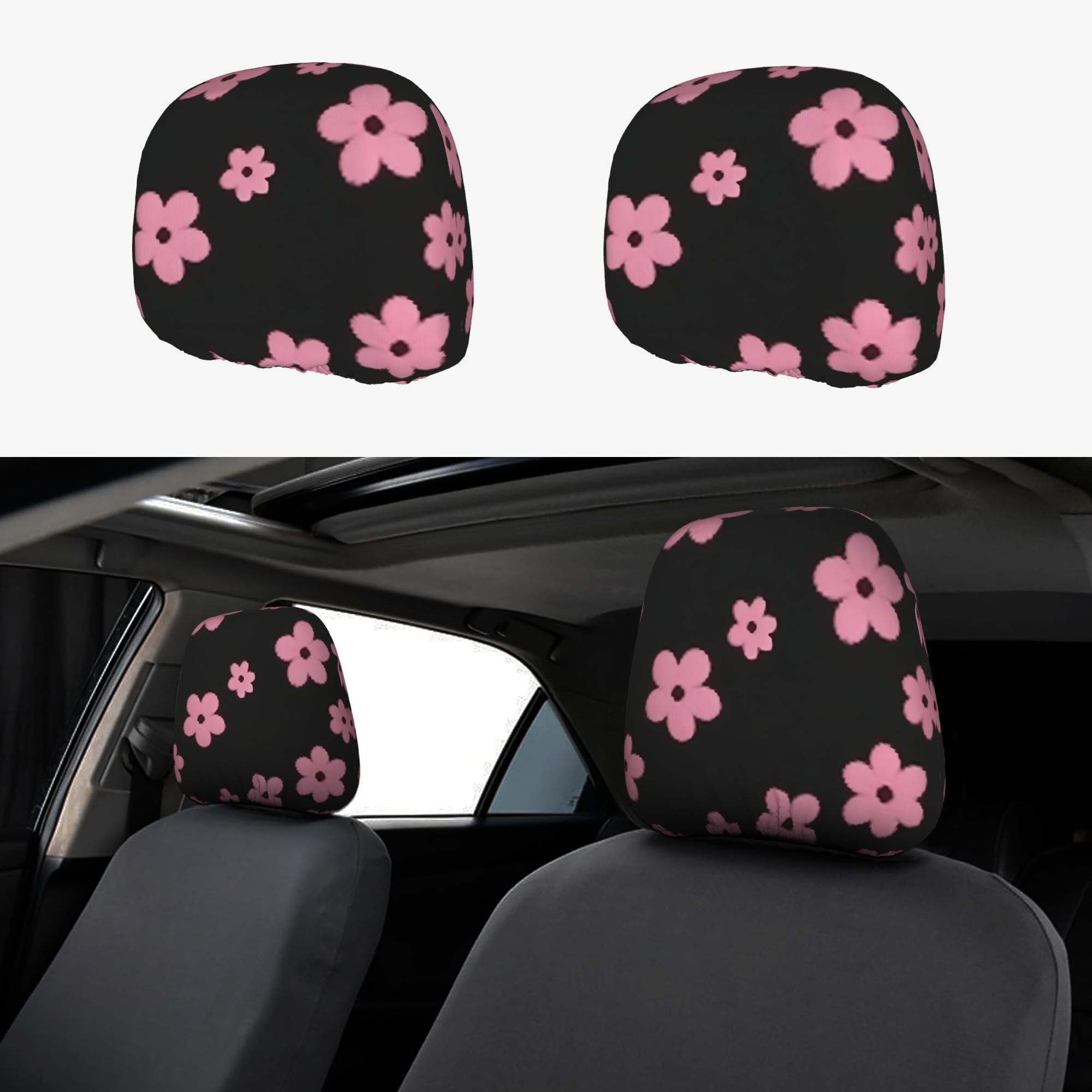 TEMU 2pcs Pink Flower Power: Cute Pink Daisies Scattered On A Black Background, Simple And Washable Sets, Durable Materials, Car Headrest Covers,