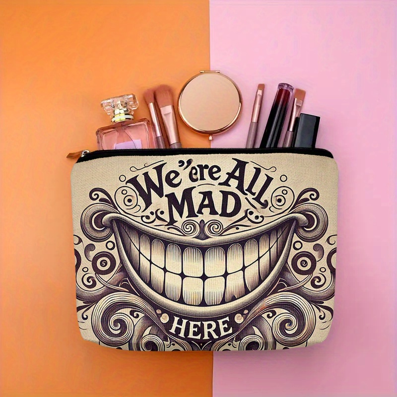 

We' Mad Here" Linen Makeup Bag - Unscented, Multi-functional Travel Cosmetic Pouch With Safety Zipper, Ideal Gift For Women On Christmas, Birthdays, Graduations, Makeup Travel Bag