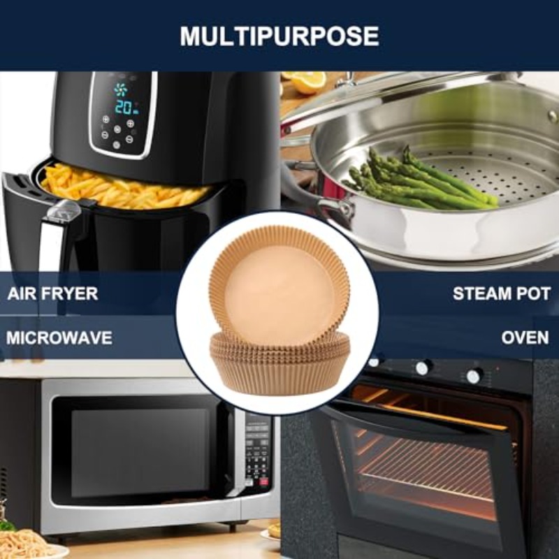 300pcs 7 9 inch round air fryer baking paper liners non stick parchment sheets heat resistant up to 428 f compatible with 5 8  fryers microwaves ovens frying pans individually wrapped for   safe for pizza   fried foods disposable natural wood   Product details 3