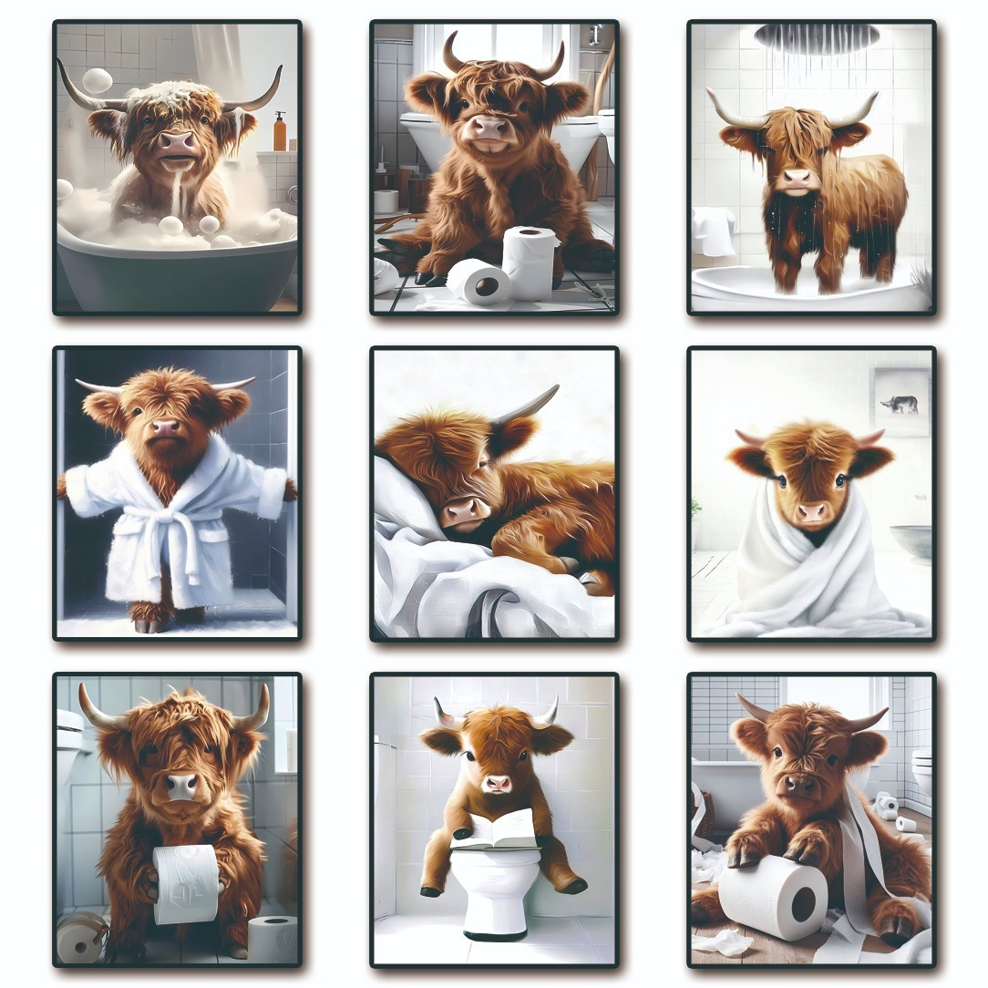 

Highland Cow Humor: 9pcs Bathroom Set - Decor, Brown Cattle In Bathtub Prints, 8x10 Inches