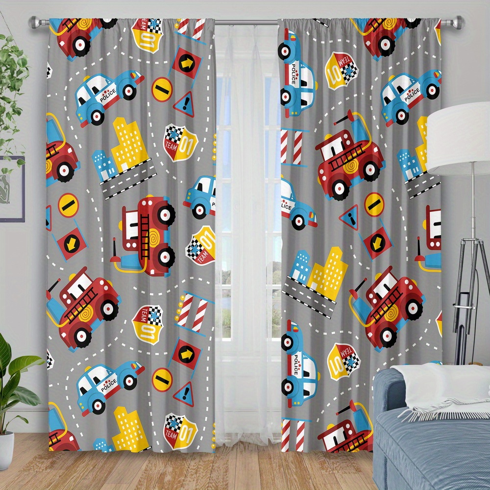 TEMU 2pcs ' Cartoon Car Print Blackout Curtains - Truck Design, Machine Washable Polyester, Light-filtering Drapes For Bedroom, Living Room, Or