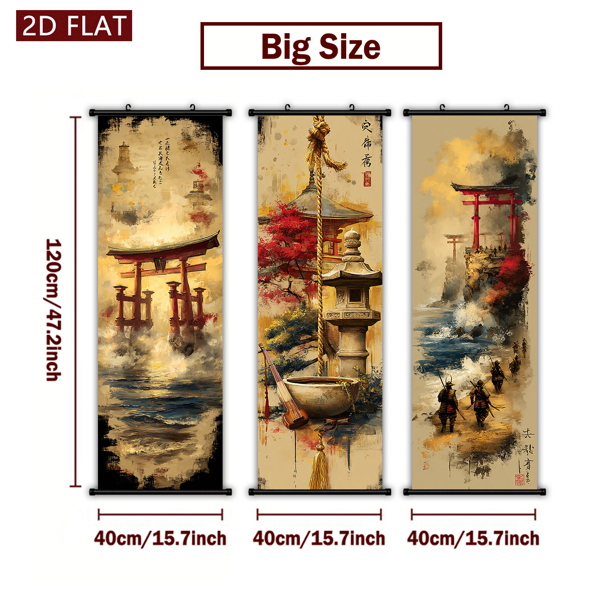 TEMU 2d Flat, 2d Flat, Set Of 3 Flat Japanese Ink Art Scrolls Featuring Traditional Scenes Of Torii Gates And Lanterns, Designed For Wall Decoration